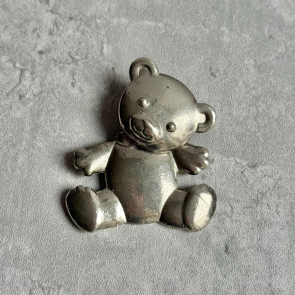 Vintage JJ Jonette Jewelry Pewter Teddy Bear Brooch Pin Movable Articulated Head